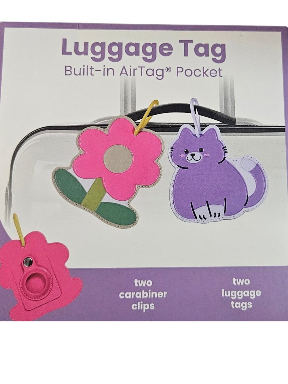 2 Pack Luggage Tags Built-In AirTag Pocket Flower & Purple Cat Travel Set
